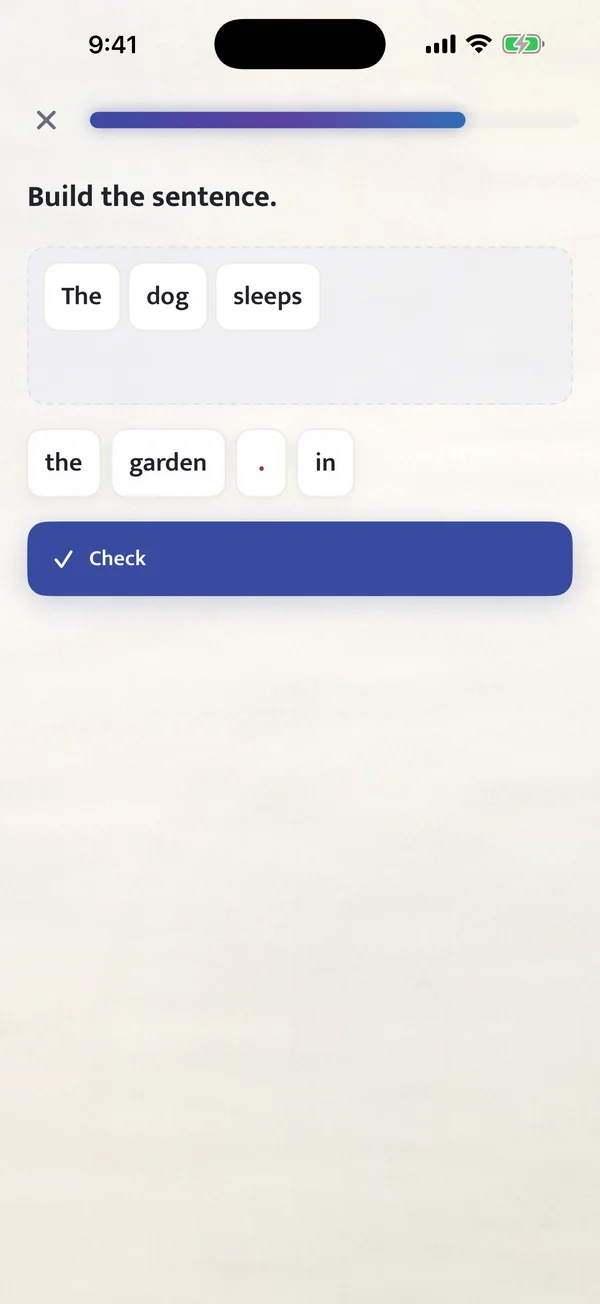 A Build the sentence exercise with the tiles The, dog and sleeps already placed.