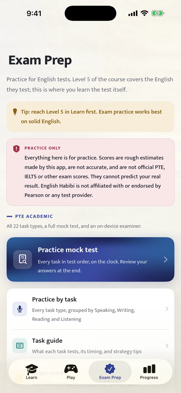 The Exam Prep screen with a Practice only notice, a practice mock test and practice by task.