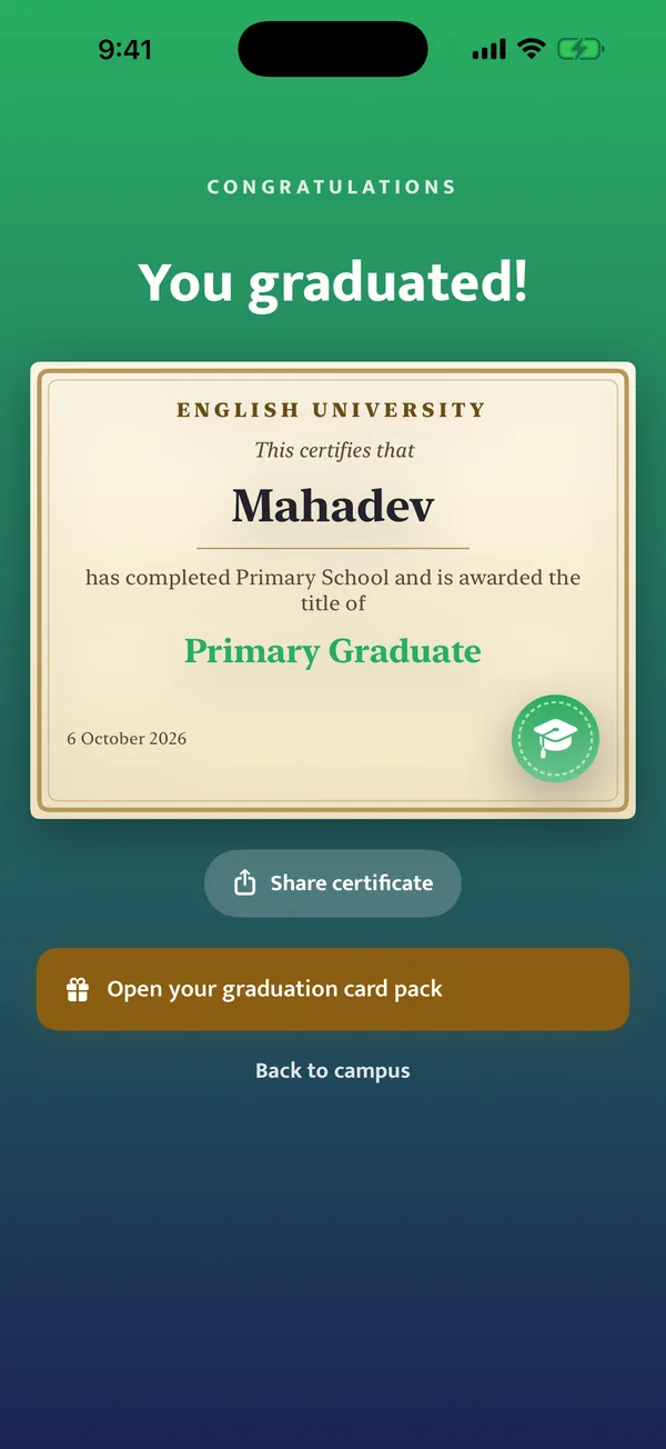 A graduation screen with a Primary Graduate certificate and a Share certificate button.