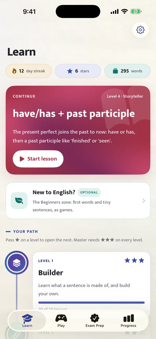 The Learn screen in English Habibi: a 12 day streak, a Continue card for Level 4 Storyteller, and the path of levels starting with Builder.