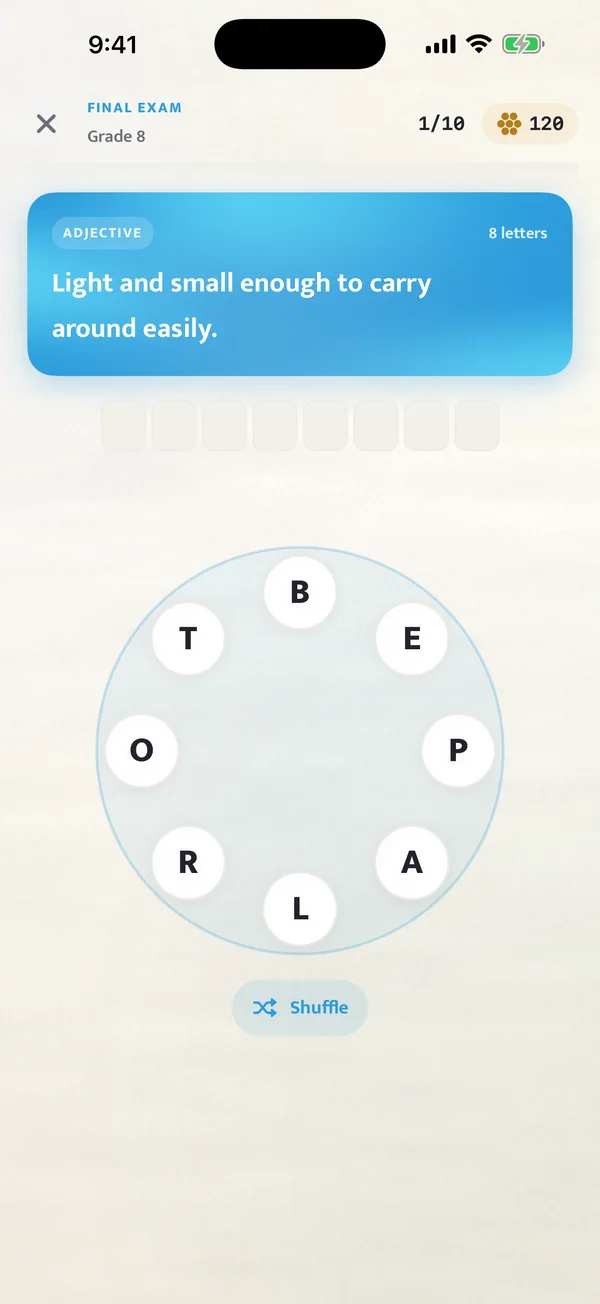 The Word Wheel game: a clue and a ring of eight letters to spell the answer.